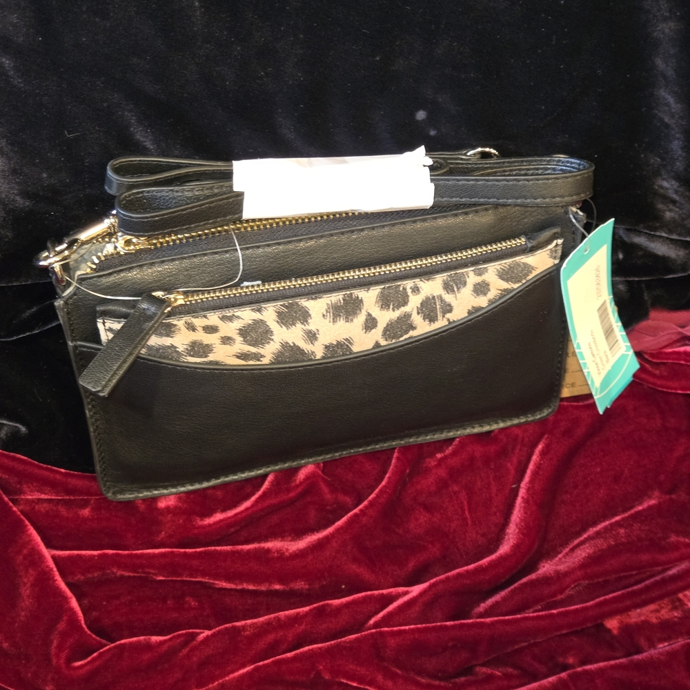 Vince Camuto Greer Black Leopard Crossbody Double Zip Adjustable Strap NWT